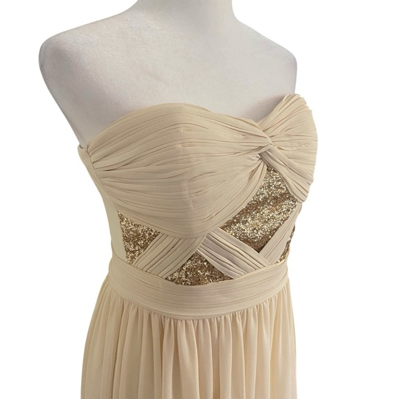 Gianni Bini Long Chiffon Gown Size M Champagne w Gold Sequins Strapless Prom - Picture 2 of 12